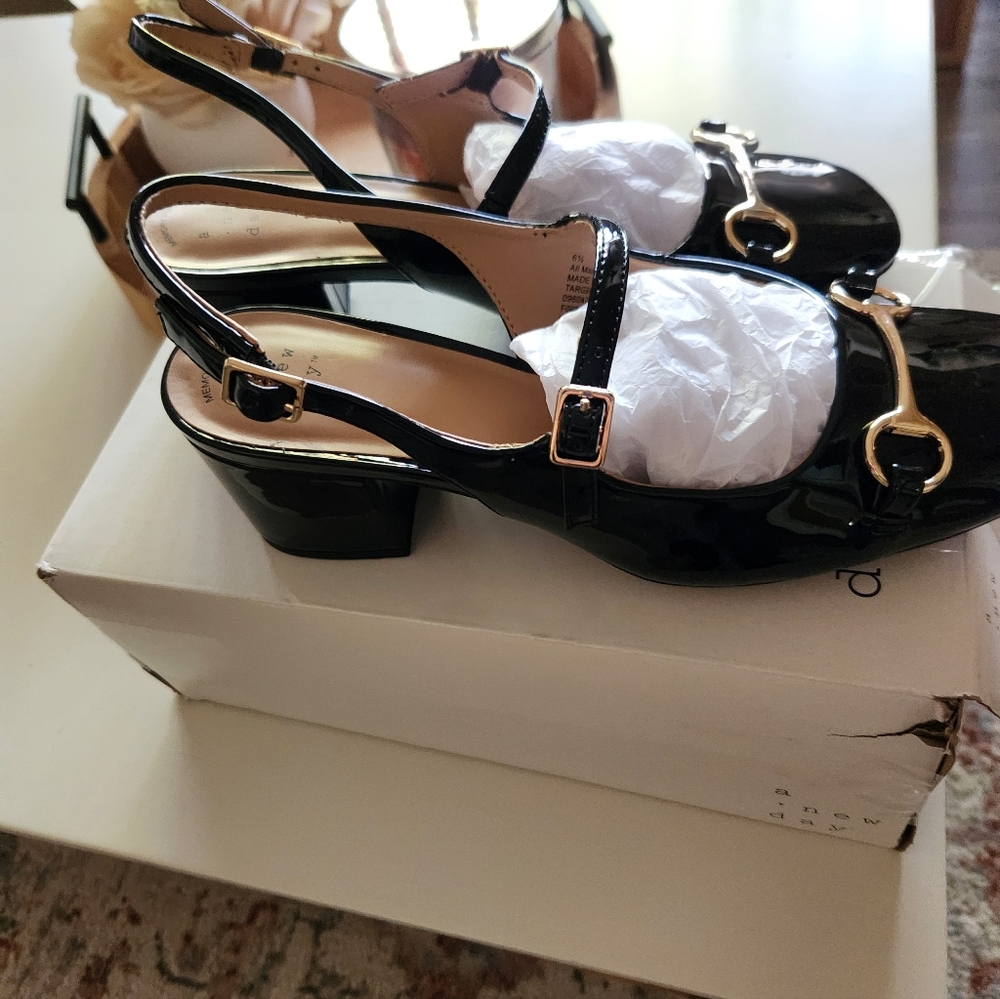 Target Black Patent Slingback Heels with Gold Buckles